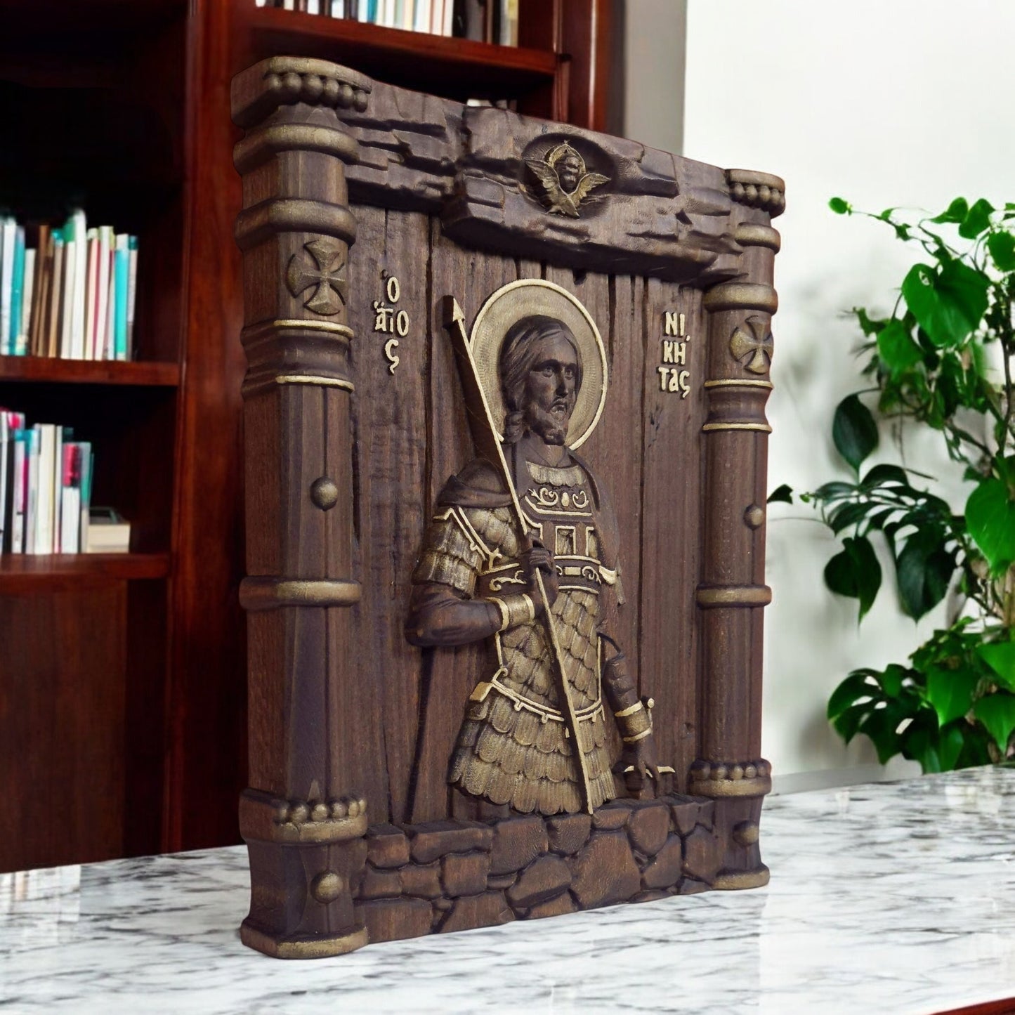 Saint Nikitas Wooden Carved Handcrafted Christian Religious Icon. Byzantine Home Wall Art Decor Gift. Orthodox Greek Woodcarving Sculpture.