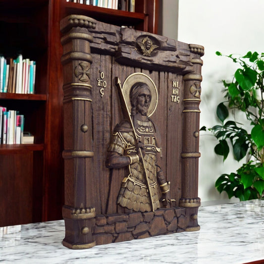 Saint Nikitas Wooden Carved Handcrafted Christian Religious Icon. Byzantine Home Wall Art Decor Gift. Orthodox Greek Woodcarving Sculpture.
