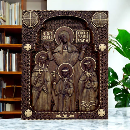 Saints Sophia Faith Hope Love Wooden Carved Handcrafted Christian Religious Icon. Byzantine Home Wall Art Decor Gift. Orthodox Greek Woodcarving Sculpture.