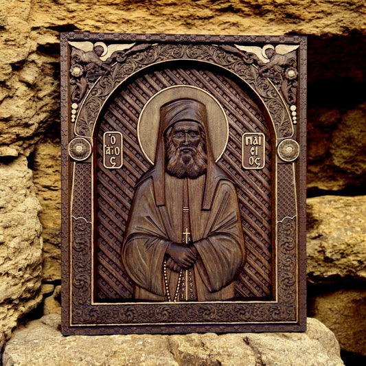 Saint Paisios of Mount Athos Wooden Carved Handcrafted Christian Religious Icon. Byzantine Home Wall Art Decor Gift. Orthodox Greek Woodcarving Sculpture.
