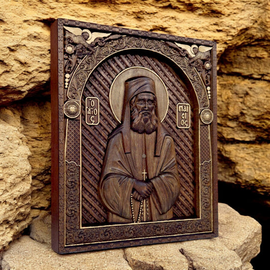 Saint Paisios of Mount Athos Wooden Carved Handcrafted Christian Religious Icon. Byzantine Home Wall Art Decor Gift. Orthodox Greek Woodcarving Sculpture.