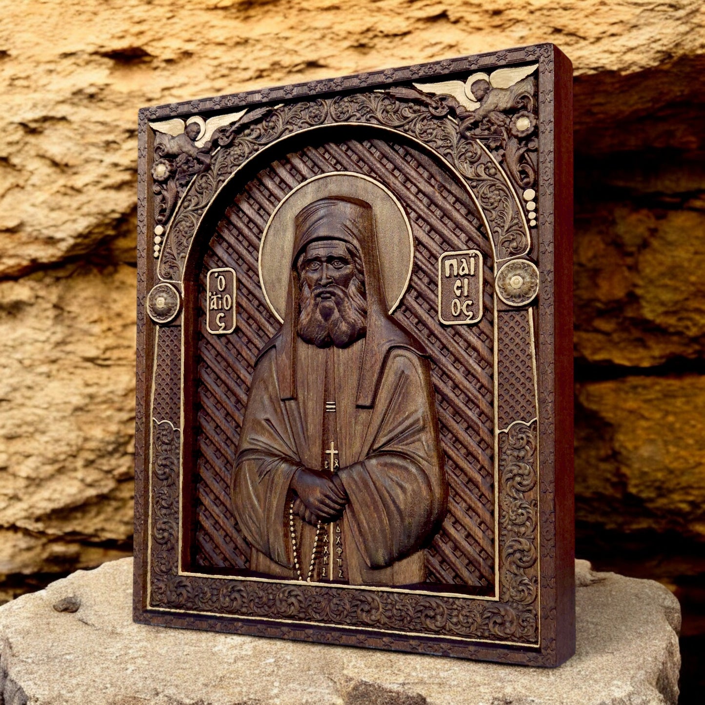 Saint Paisios of Mount Athos Wooden Carved Handcrafted Christian Religious Icon. Byzantine Home Wall Art Decor Gift. Orthodox Greek Woodcarving Sculpture.
