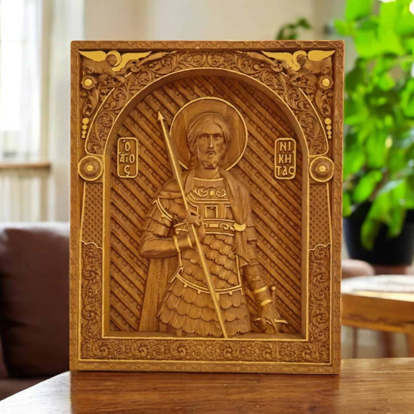 Saint Nikitas Wooden Carved Handcrafted Christian Religious Icon. Byzantine Home Wall Art Decor Gift. Orthodox Greek Woodcarving Sculpture.