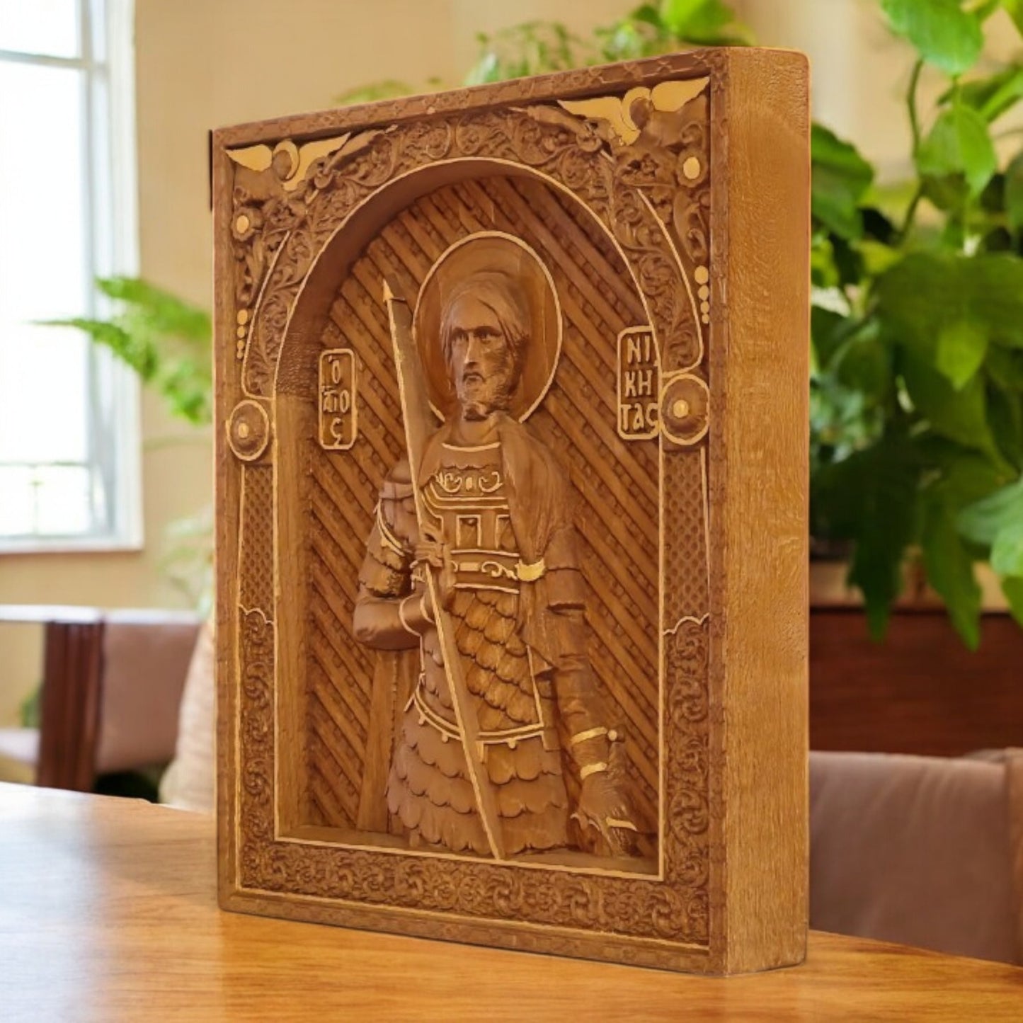 Saint Nikitas Wooden Carved Handcrafted Christian Religious Icon. Byzantine Home Wall Art Decor Gift. Orthodox Greek Woodcarving Sculpture.
