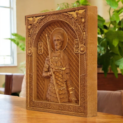 Saint Nikitas Wooden Carved Handcrafted Christian Religious Icon. Byzantine Home Wall Art Decor Gift. Orthodox Greek Woodcarving Sculpture.