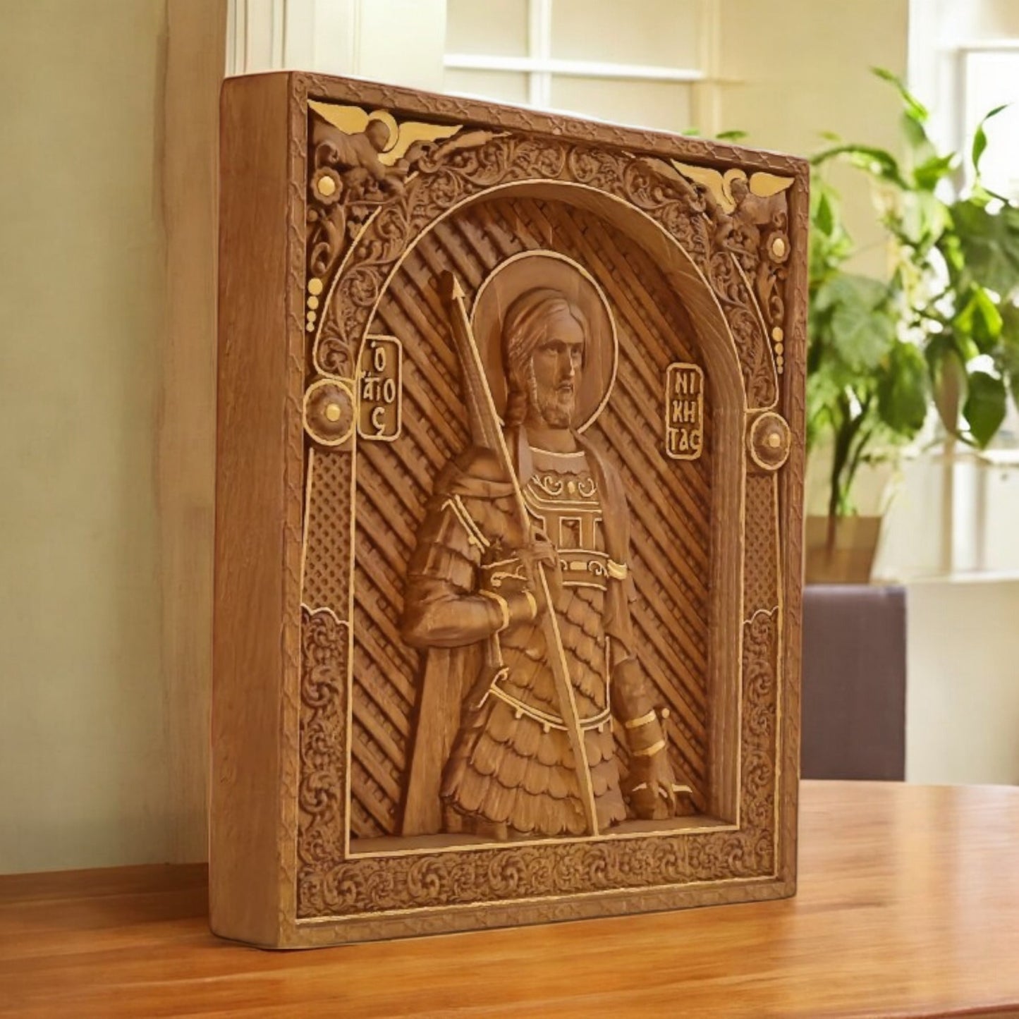 Saint Nikitas Wooden Carved Handcrafted Christian Religious Icon. Byzantine Home Wall Art Decor Gift. Orthodox Greek Woodcarving Sculpture.
