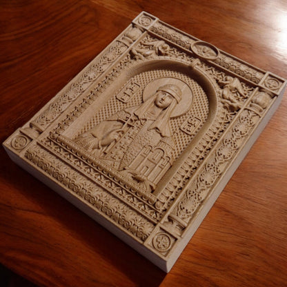 Saint Olga Wooden Carved Handcrafted Christian Religious Icon. Byzantine Home Wall Art Decor Gift. Orthodox Greek Woodcarving Sculpture.