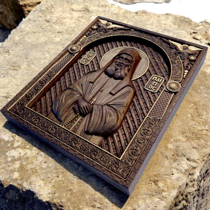Saint Paisios of Mount Athos Wooden Carved Handcrafted Christian Religious Icon. Byzantine Home Wall Art Decor Gift. Orthodox Greek Woodcarving Sculpture.