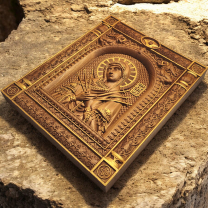 Virgin Mary of the Seven Swords Wooden Carved Handcrafted Christian Religious Icon. Byzantine Home Wall Art Decor Gift. Orthodox Greek Woodcarving Sculpture.