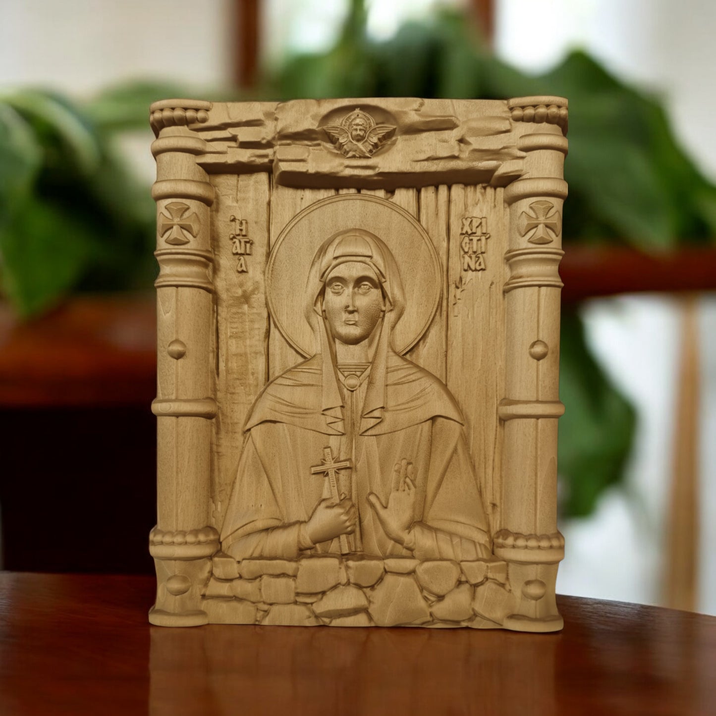 Saint Christina Wooden Carved Handcrafted Christian Religious Icon. Byzantine Home Wall Art Decor Gift. Orthodox Greek Woodcarving Sculpture.