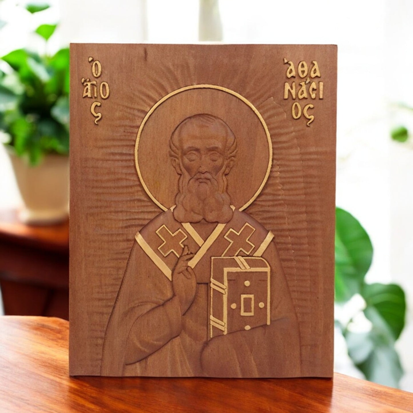 Saint Athanasius of Alexandria Wooden Carved Handcrafted Christian Religious Icon. Byzantine Home Wall Art Decor Gift. Orthodox Greek Woodcarving Sculpture.