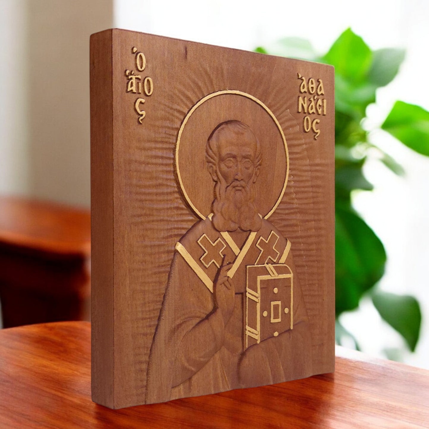 Saint Athanasius of Alexandria Wooden Carved Handcrafted Christian Religious Icon. Byzantine Home Wall Art Decor Gift. Orthodox Greek Woodcarving Sculpture.