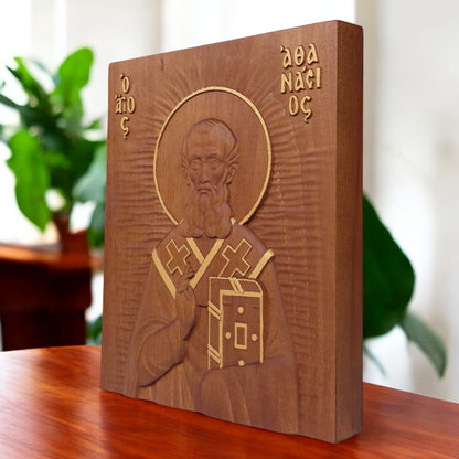 Saint Athanasius of Alexandria Wooden Carved Handcrafted Christian Religious Icon. Byzantine Home Wall Art Decor Gift. Orthodox Greek Woodcarving Sculpture.