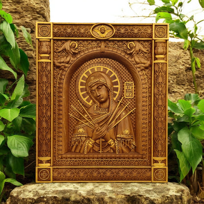 Virgin Mary of the Seven Swords Wooden Carved Handcrafted Christian Religious Icon. Byzantine Home Wall Art Decor Gift. Orthodox Greek Woodcarving Sculpture.