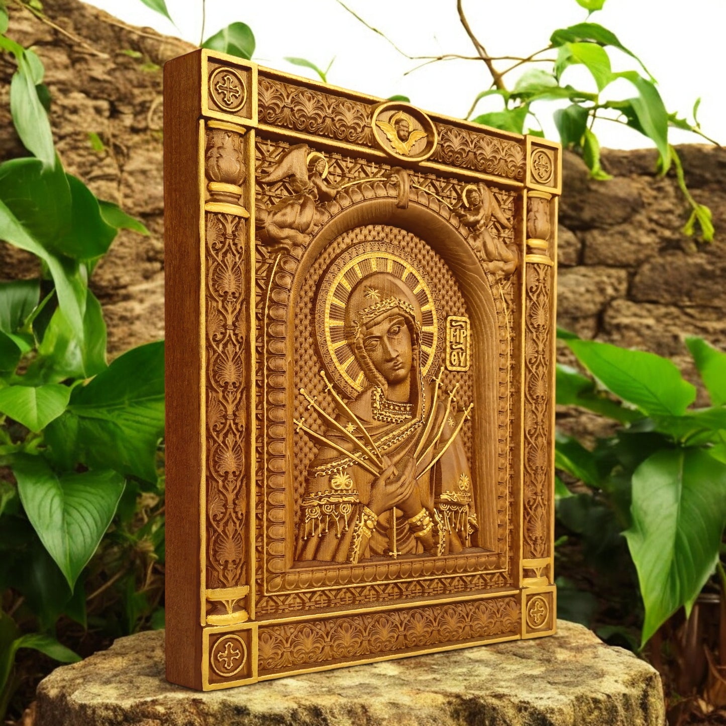 Virgin Mary of the Seven Swords Wooden Carved Handcrafted Christian Religious Icon. Byzantine Home Wall Art Decor Gift. Orthodox Greek Woodcarving Sculpture.