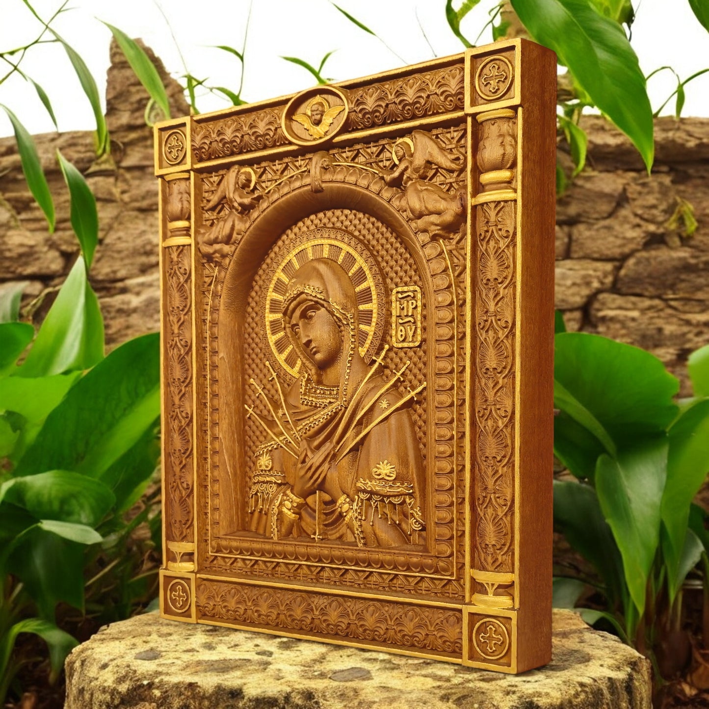 Virgin Mary of the Seven Swords Wooden Carved Handcrafted Christian Religious Icon. Byzantine Home Wall Art Decor Gift. Orthodox Greek Woodcarving Sculpture.
