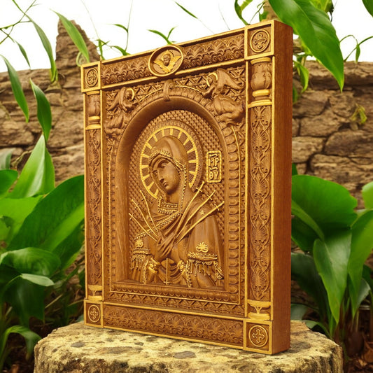 Virgin Mary of the Seven Swords Wooden Carved Handcrafted Christian Religious Icon. Byzantine Home Wall Art Decor Gift. Orthodox Greek Woodcarving Sculpture.