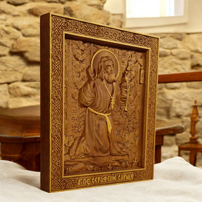 Saint Seraphim of Sarov Wooden Carved Handcrafted Christian Religious Icon. Byzantine Home Wall Art Decor Gift. Orthodox Greek Woodcarving Sculpture.