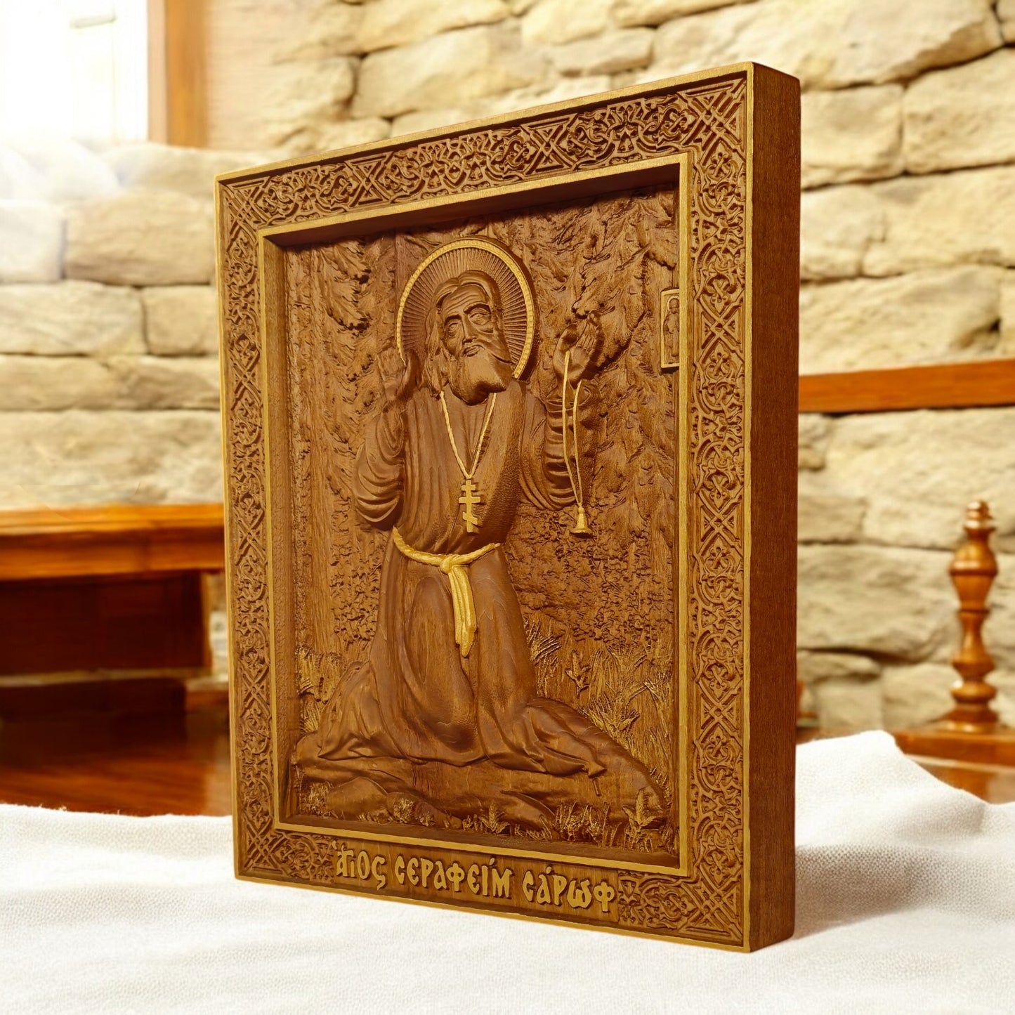 Saint Seraphim of Sarov Wooden Carved Handcrafted Christian Religious Icon. Byzantine Home Wall Art Decor Gift. Orthodox Greek Woodcarving Sculpture.