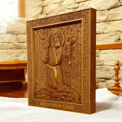 Saint Seraphim of Sarov Wooden Carved Handcrafted Christian Religious Icon. Byzantine Home Wall Art Decor Gift. Orthodox Greek Woodcarving Sculpture.