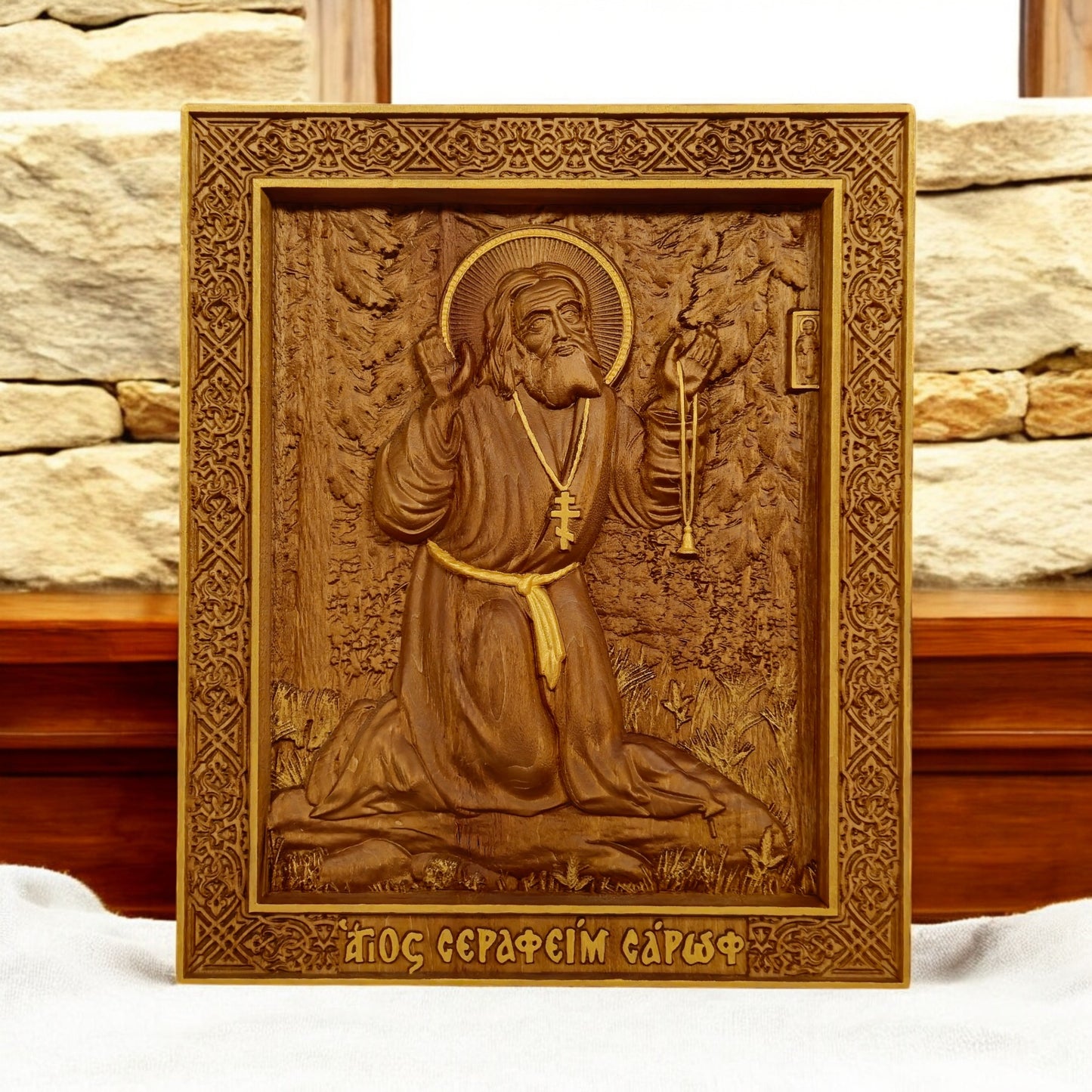 Saint Seraphim of Sarov Wooden Carved Handcrafted Christian Religious Icon. Byzantine Home Wall Art Decor Gift. Orthodox Greek Woodcarving Sculpture.