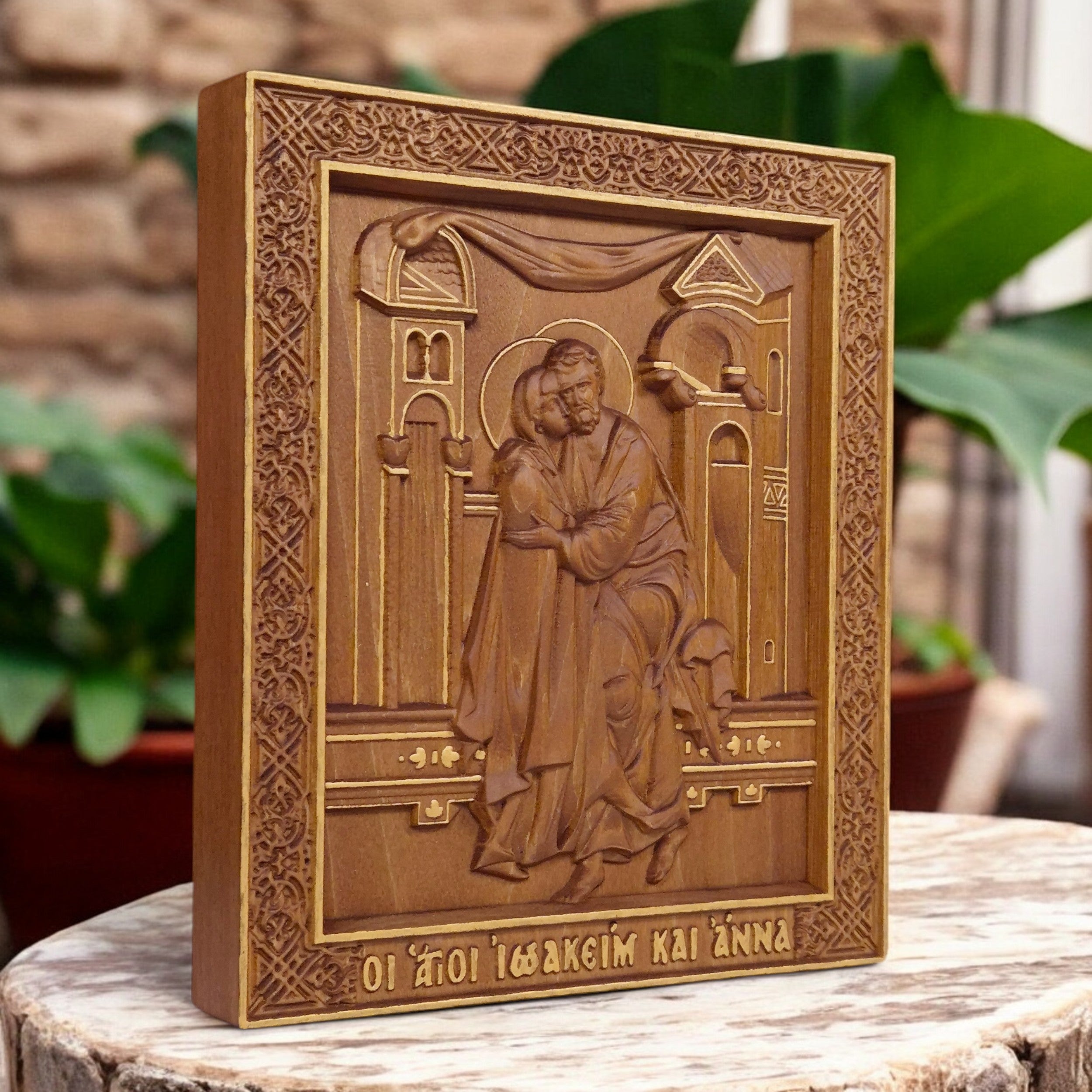 アンティーク雑貨 Antique Wooden Religious Icon Saints Joachim and Anne Wooden Carved Handcrafted Christian