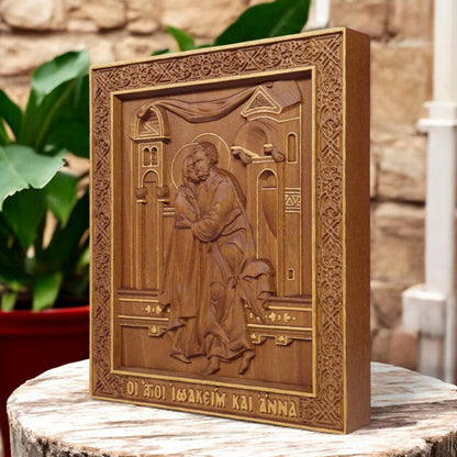 Saints Joachim and Anne Wooden Carved Handcrafted Christian Religious Icon. Byzantine Home Wall Art Decor Gift. Orthodox Greek Woodcarving Sculpture.