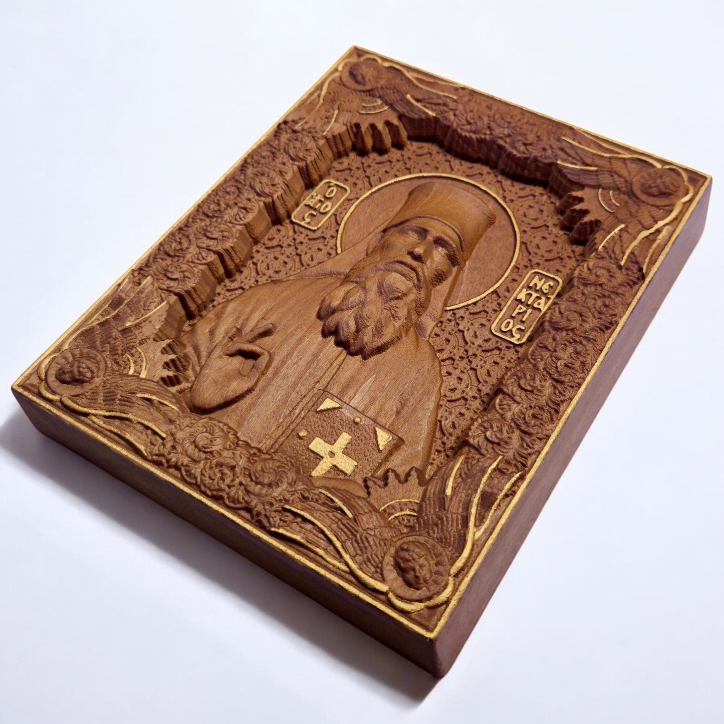 Saint Nectarios of Aegina Wooden Carved Handcrafted Christian Religious Icon. Byzantine Home Wall Art Decor Gift. Orthodox Greek Woodcarving Sculpture.