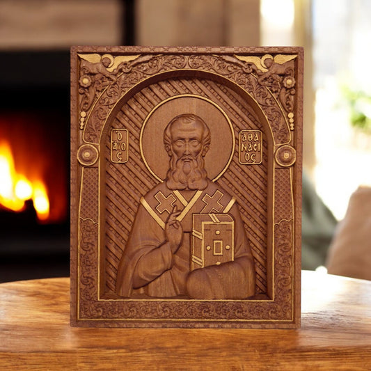 Saint Athanasius of Alexandria Wooden Carved Handcrafted Christian Religious Icon. Byzantine Home Wall Art Decor Gift. Orthodox Greek Woodcarving Sculpture.