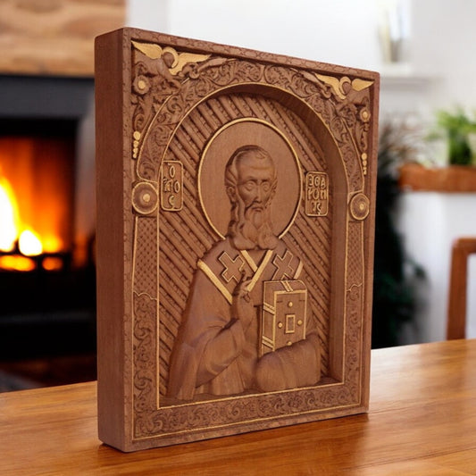 Saint Athanasius of Alexandria Wooden Carved Handcrafted Christian Religious Icon. Byzantine Home Wall Art Decor Gift. Orthodox Greek Woodcarving Sculpture.
