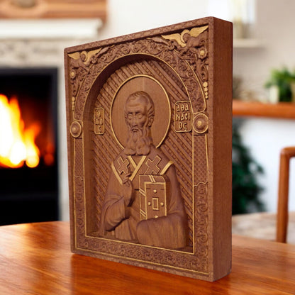 Saint Athanasius of Alexandria Wooden Carved Handcrafted Christian Religious Icon. Byzantine Home Wall Art Decor Gift. Orthodox Greek Woodcarving Sculpture.