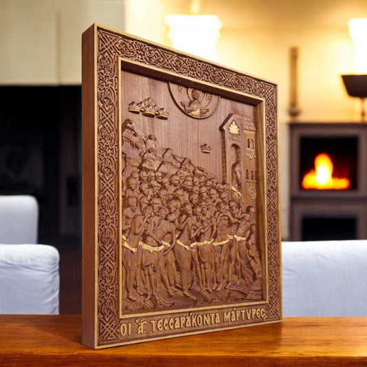 Forty Martyrs of Sebaste Wooden Carved Handcrafted Christian Religious Icon. Byzantine Home Wall Art Decor Gift. Orthodox Greek Woodcarving Sculpture.