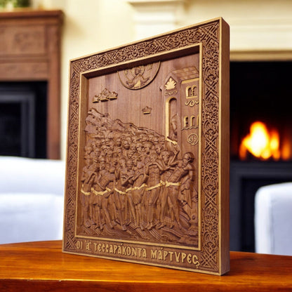 Forty Martyrs of Sebaste Wooden Carved Handcrafted Christian Religious Icon. Byzantine Home Wall Art Decor Gift. Orthodox Greek Woodcarving Sculpture.
