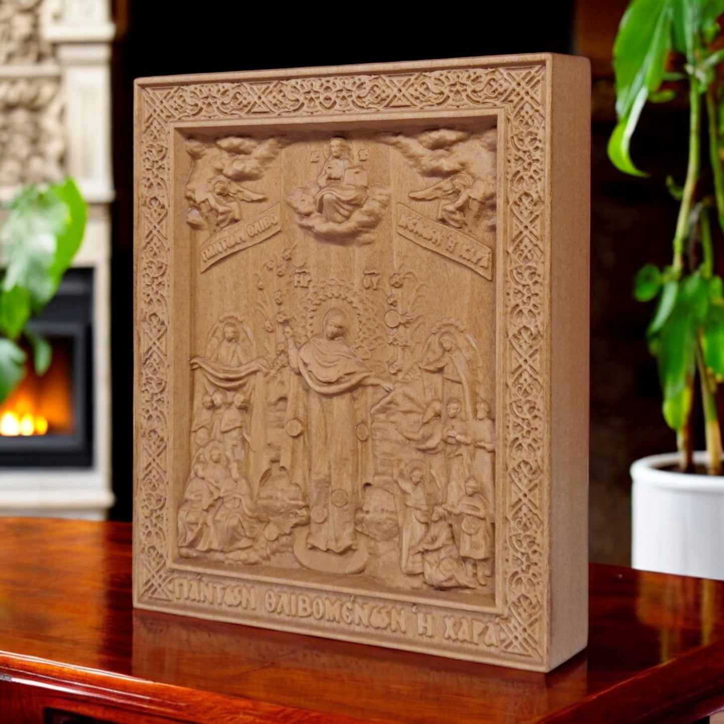 Mother of God Joy of All Who Sorrow Wooden Carved Handcrafted Christian Religious Icon. Byzantine Home Wall Art Decor Gift. Orthodox Greek Woodcarving Sculpture.