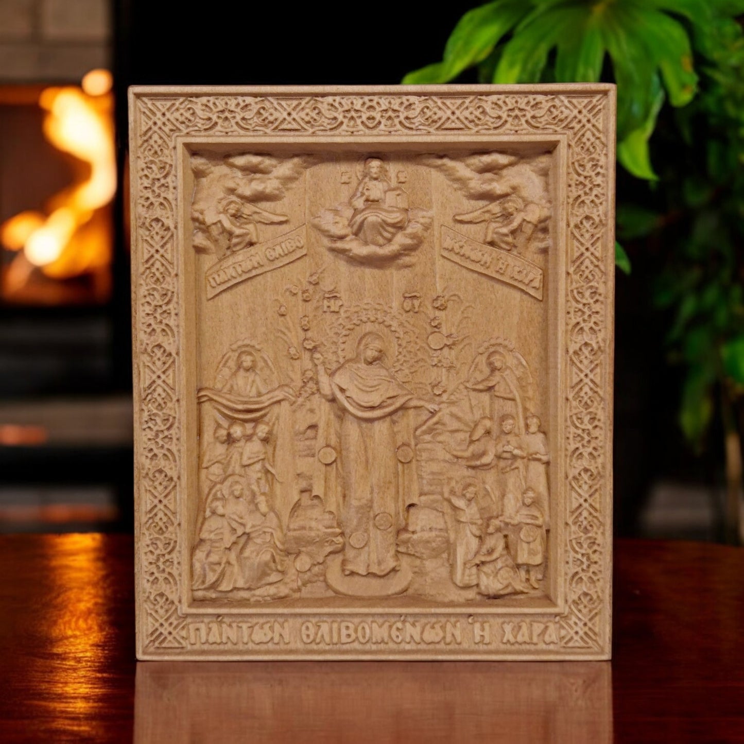 Mother of God Joy of All Who Sorrow Wooden Carved Handcrafted Christian Religious Icon. Byzantine Home Wall Art Decor Gift. Orthodox Greek Woodcarving Sculpture.