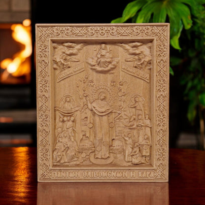 Mother of God Joy of All Who Sorrow Wooden Carved Handcrafted Christian Religious Icon. Byzantine Home Wall Art Decor Gift. Orthodox Greek Woodcarving Sculpture.