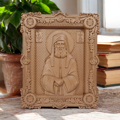 Saint Paisios of Mount Athos Wooden Carved Handcrafted Christian Religious Icon. Byzantine Home Wall Art Decor Gift. Orthodox Greek Woodcarving Sculpture.