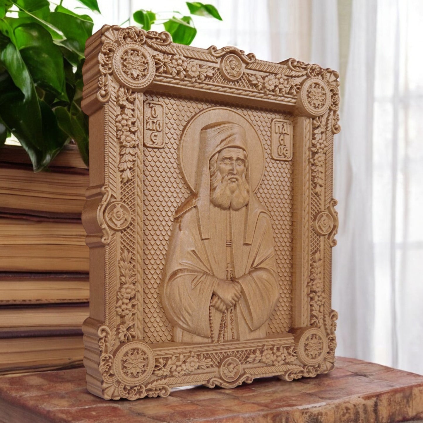 Saint Paisios of Mount Athos Wooden Carved Handcrafted Christian Religious Icon. Byzantine Home Wall Art Decor Gift. Orthodox Greek Woodcarving Sculpture.