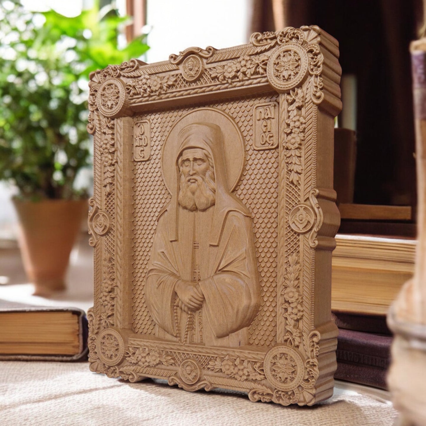 Saint Paisios of Mount Athos Wooden Carved Handcrafted Christian Religious Icon. Byzantine Home Wall Art Decor Gift. Orthodox Greek Woodcarving Sculpture.