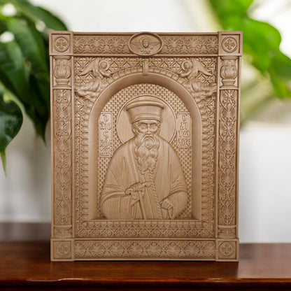 Saint Kosmas the Aetolian Wooden Carved Handcrafted Christian Religious Icon. Byzantine Home Wall Art Decor Gift. Orthodox Greek Woodcarving Sculpture.