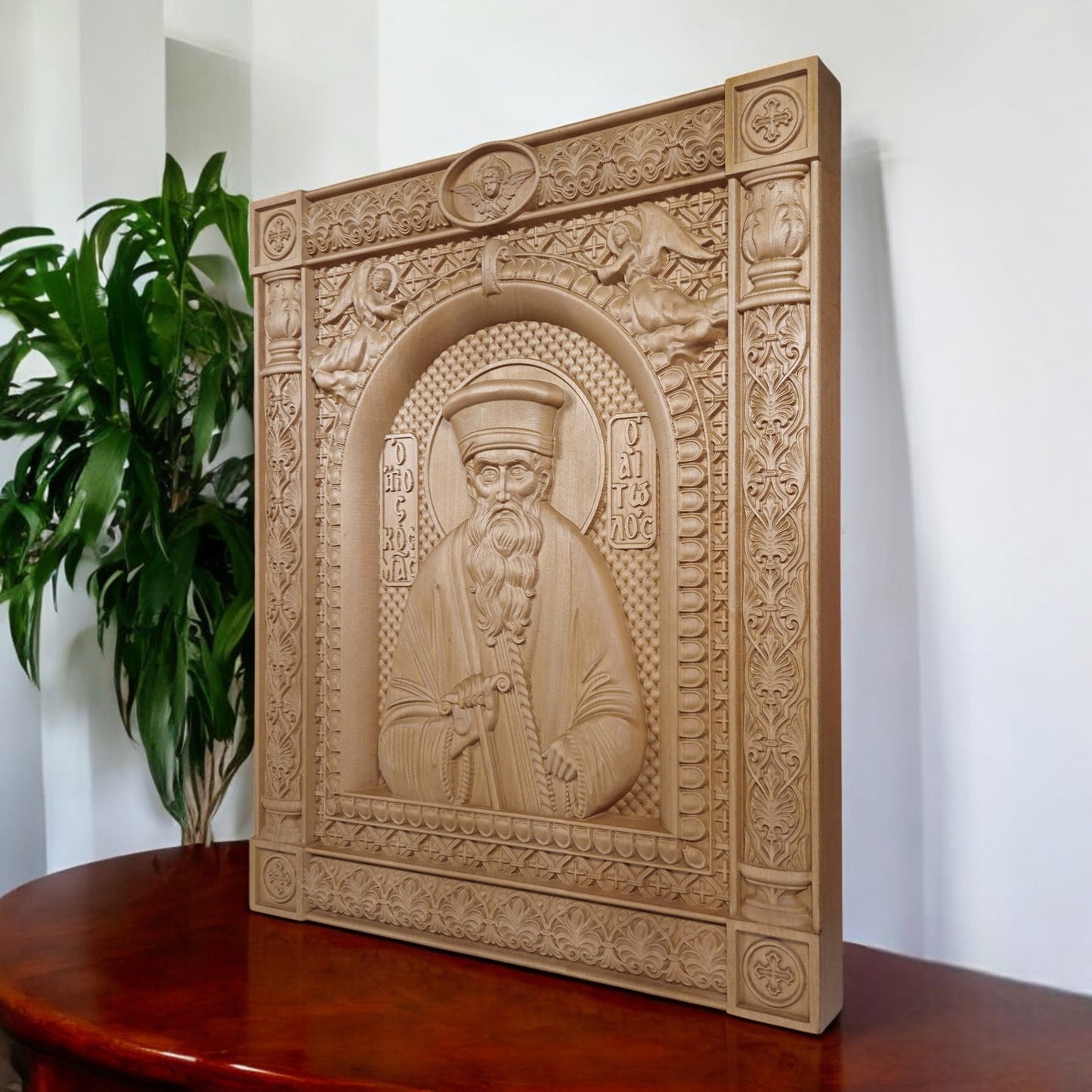 Saint Kosmas the Aetolian Wooden Carved Handcrafted Christian Religious Icon. Byzantine Home Wall Art Decor Gift. Orthodox Greek Woodcarving Sculpture.
