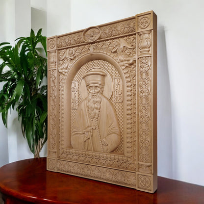 Saint Kosmas the Aetolian Wooden Carved Handcrafted Christian Religious Icon. Byzantine Home Wall Art Decor Gift. Orthodox Greek Woodcarving Sculpture.