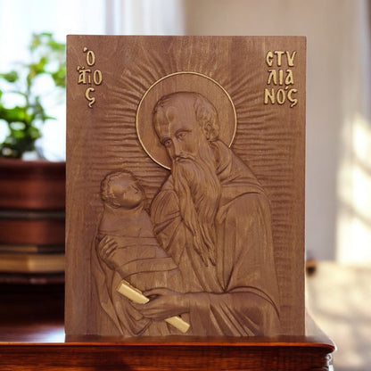 Saint Stylianos Wooden Carved Handcrafted Christian Religious Icon. Byzantine Home Wall Art Decor Gift. Orthodox Greek Woodcarving Sculpture.
