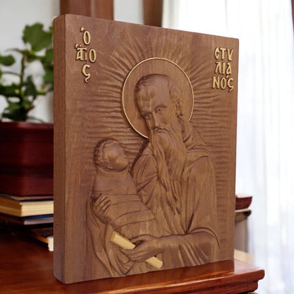 Saint Stylianos Wooden Carved Handcrafted Christian Religious Icon. Byzantine Home Wall Art Decor Gift. Orthodox Greek Woodcarving Sculpture.