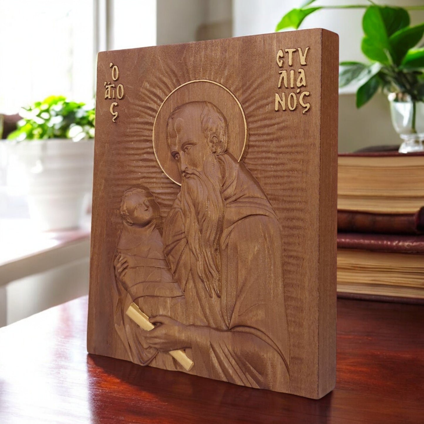 Saint Stylianos Wooden Carved Handcrafted Christian Religious Icon. Byzantine Home Wall Art Decor Gift. Orthodox Greek Woodcarving Sculpture.