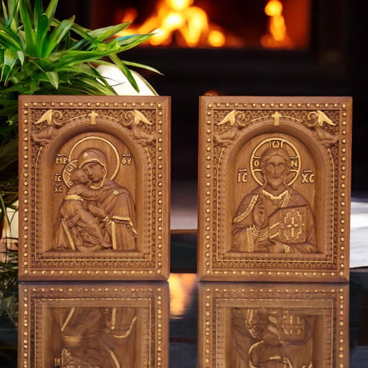 Christ and Mother of God Set Two Wooden Carved Handcrafted Christian Religious Icon. Byzantine Home Wall Art Decor Gift. Orthodox Greek Woodcarving Sculpture.