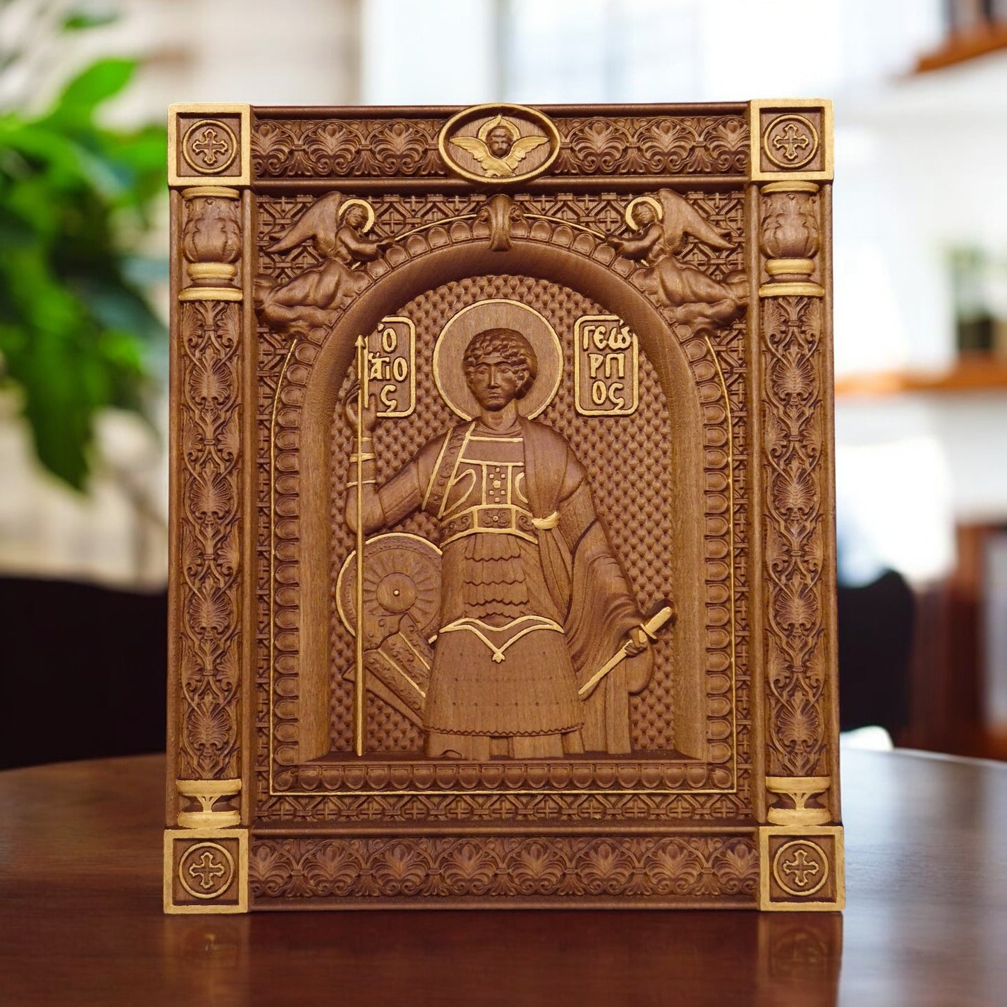 Saint George Wooden Carved Handcrafted Christian Religious Icon. Byzantine Home Wall Art Decor Gift. Orthodox Greek Woodcarving Sculpture.