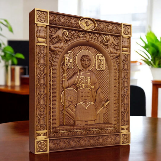 Saint George Wooden Carved Handcrafted Christian Religious Icon. Byzantine Home Wall Art Decor Gift. Orthodox Greek Woodcarving Sculpture.
