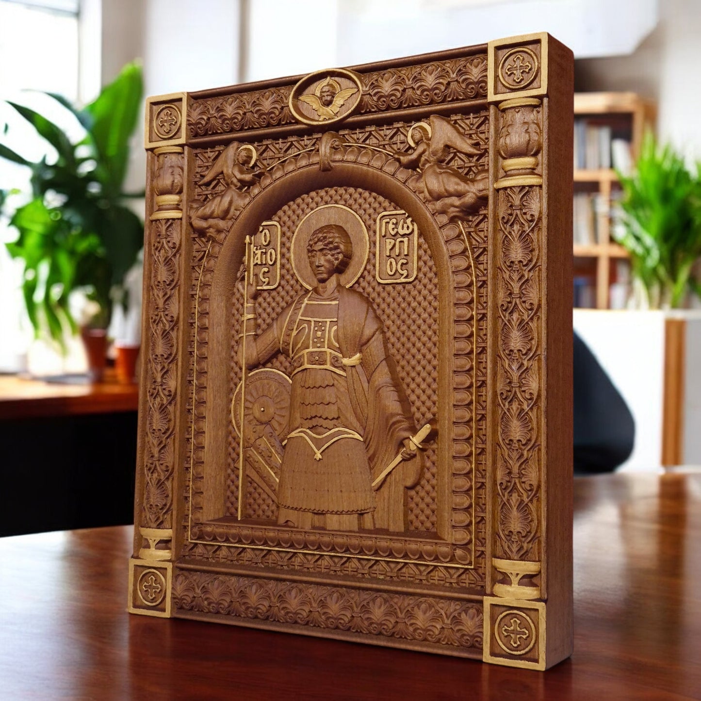 Saint George Wooden Carved Handcrafted Christian Religious Icon. Byzantine Home Wall Art Decor Gift. Orthodox Greek Woodcarving Sculpture.