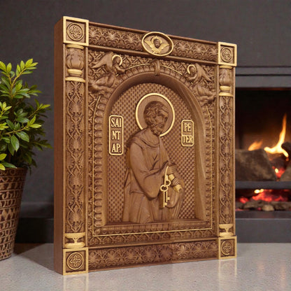 Saint Peter the Apostle Wooden Carved Handcrafted Christian Religious Icon. Byzantine Home Wall Art Decor Gift. Orthodox Greek Woodcarving Sculpture.